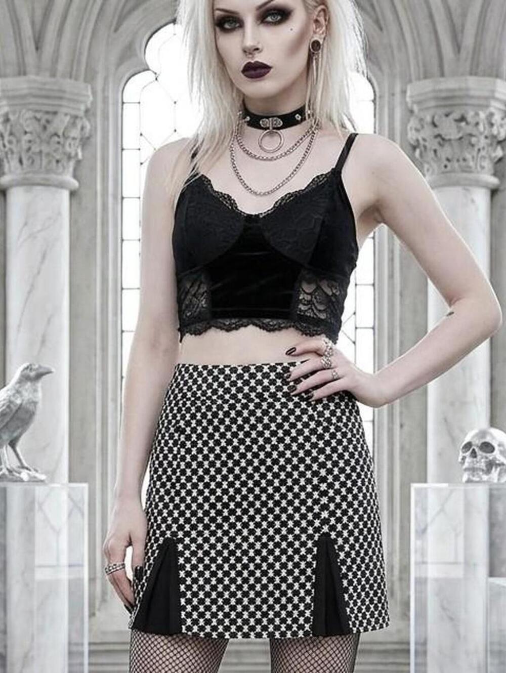 Black & white checkered mini skirt with lace trim and shorts underneath